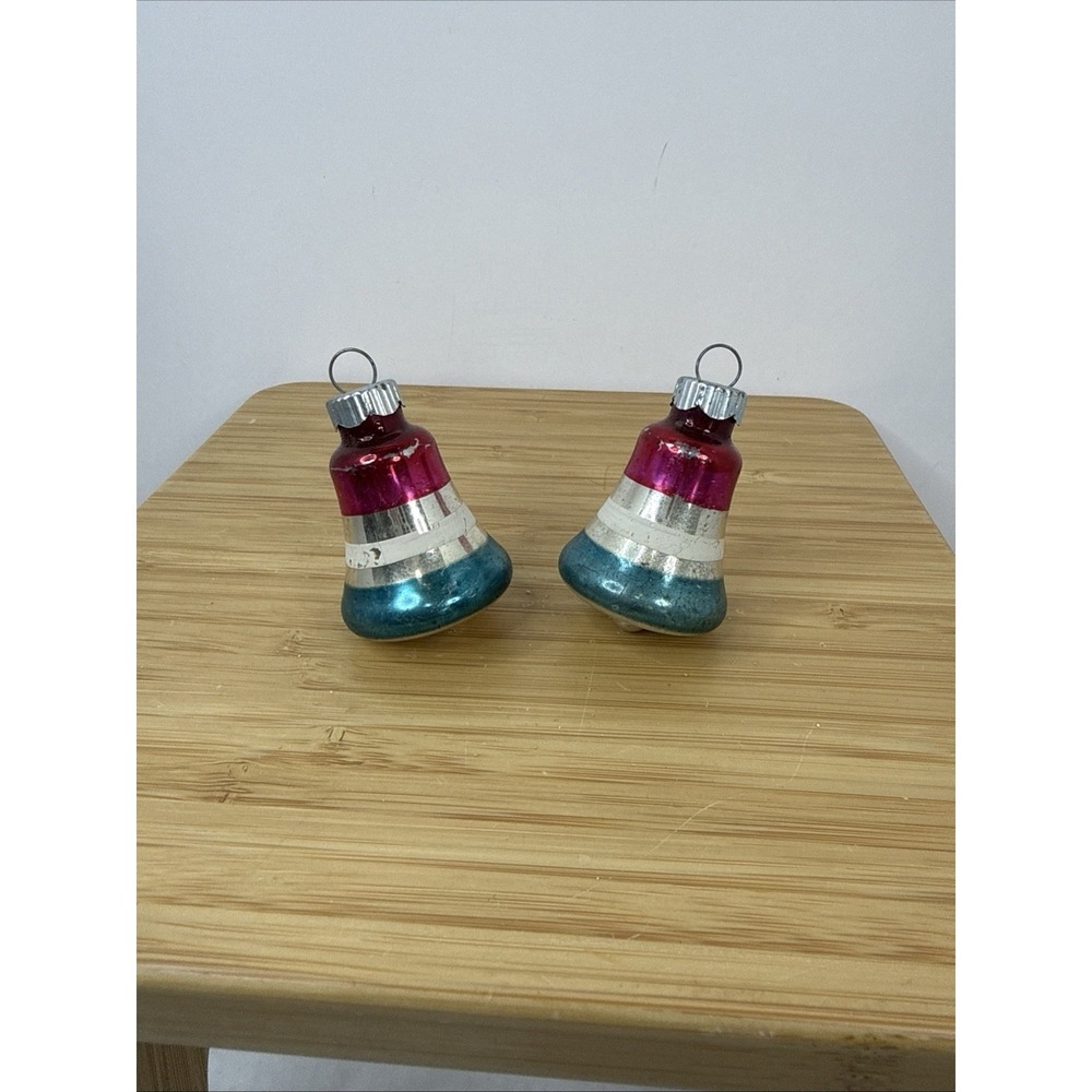 2 Vtg Shiny Brite Striped Bells Mercury Glass Christmas Ornaments 2" Red‎ Blue